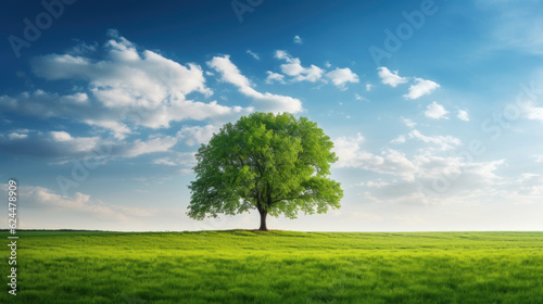 solitary tree on hill against blue sky. nature and environment background