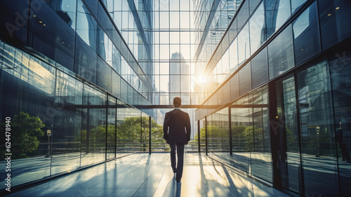 business man walking on modern sustainable office buildings with trees and garden