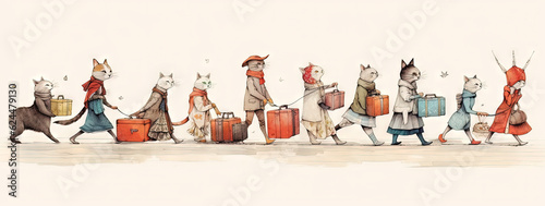 Cute cats family travelling with luggage. Watercolor styled kittens with suitcases. Generated AI.