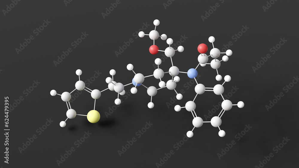 sufentanil molecule, molecular structure, opiate agonists, ball and stick 3d model, structural chemical formula with colored atoms