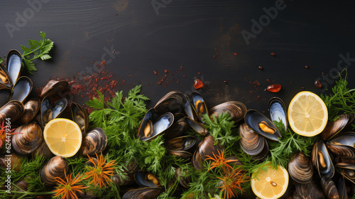 Mussel Banner with Blank Space for Text: Showcase Fresh Mussels and Zesty Lemon on a Dark Background, with Room for Your Culinary Message.

