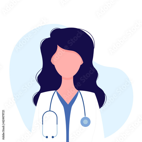 Female doctor therapist or pharmacist with long wavy hair. Doctor with stethoscope. Concept - doctor, healthcare. Vector illustration in flat cartoon style. Isolated on white background.