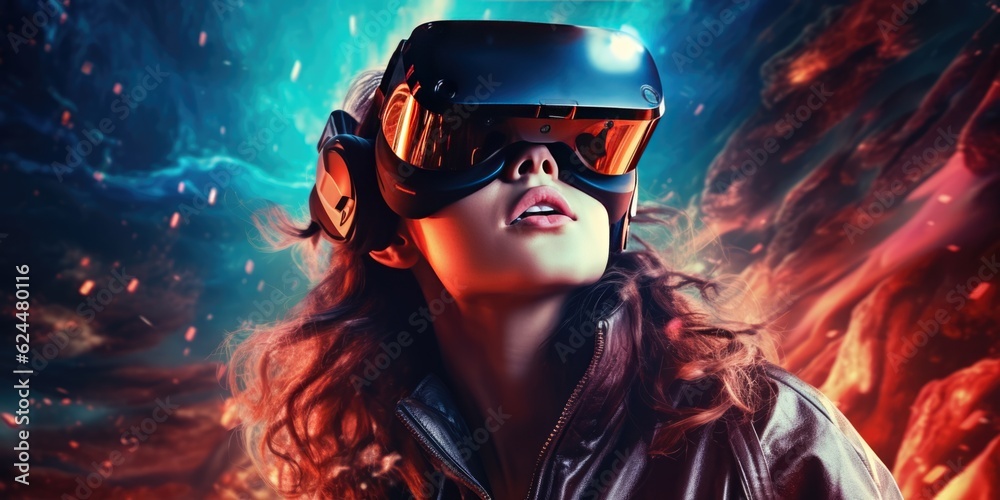 Smile happy girl getting experience using VR headset glasses in cypberspace, generative ai Smile happy girl getting experience using VR headset glasses in cypberspace, generative ai