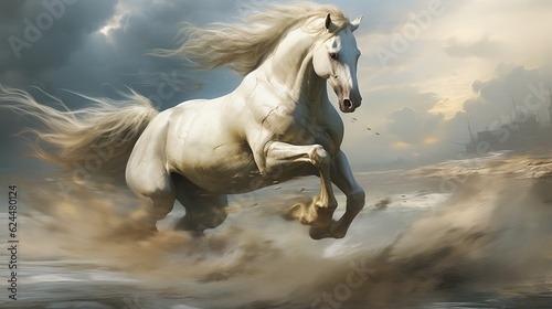 White horse running in the desert. The galloping white horse. generative ai