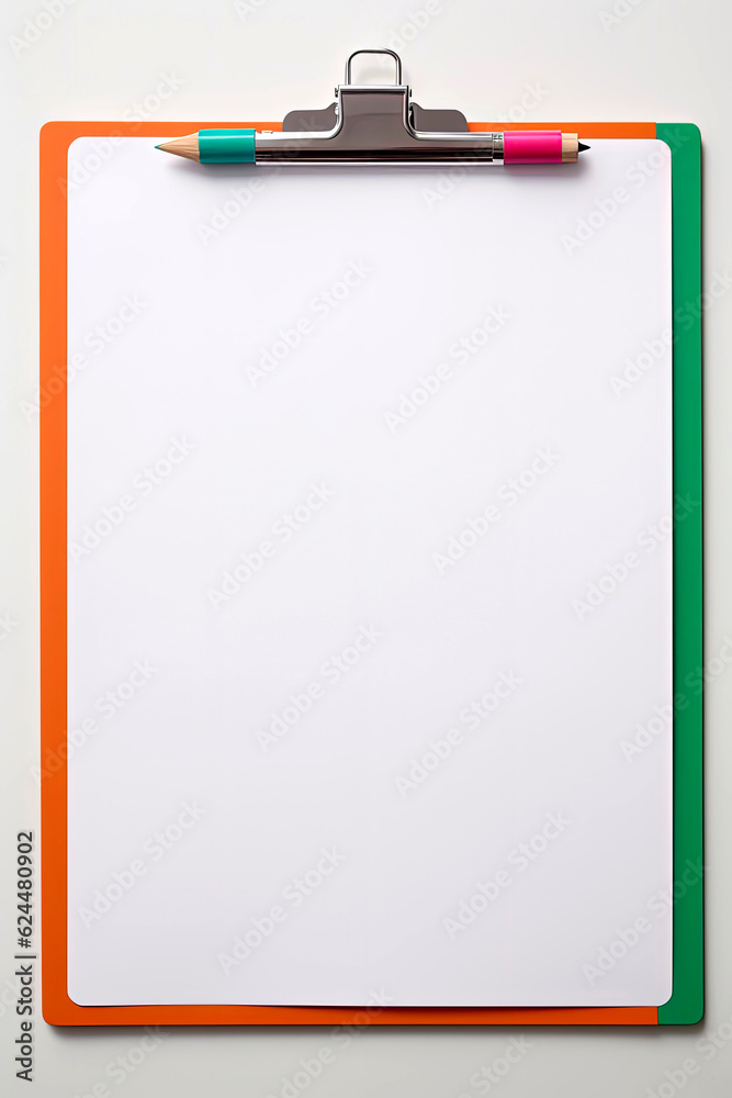 Generative AI illustration of clipboard with colored crayons and white paper Generative AI illustration of clipboard with colored crayons and white paper