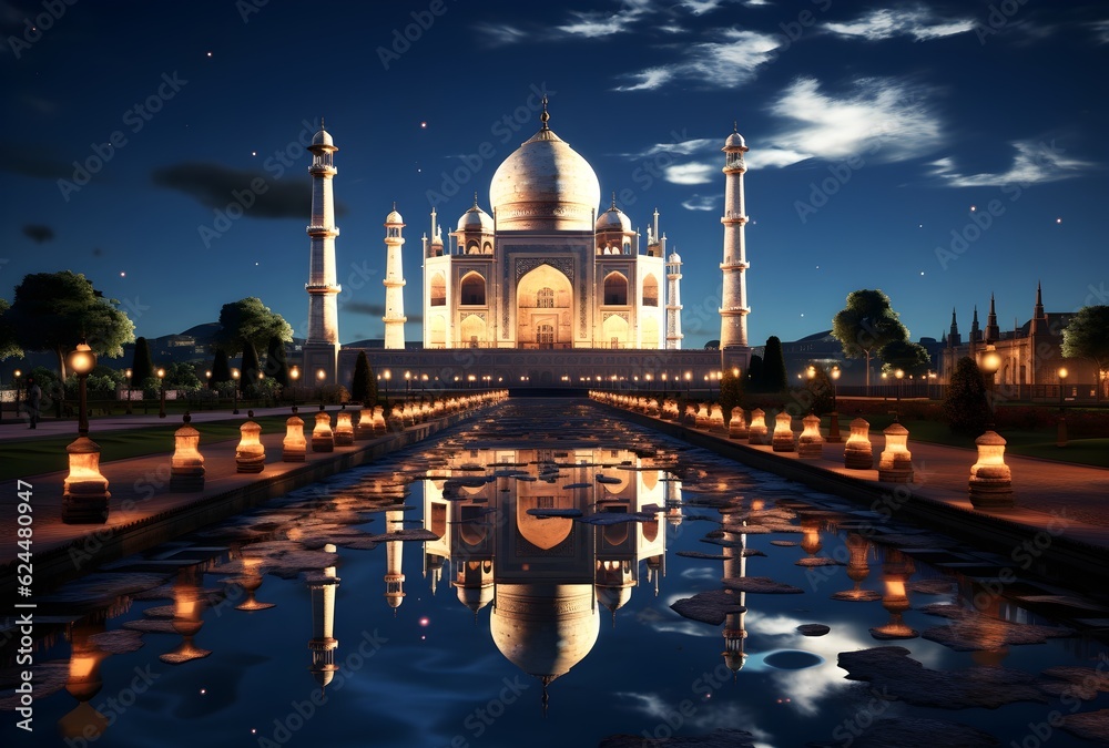 The image showcases the iconic Taj Mahal, a breathtaking monument of white marble in Agra, India, known for its exquisite architecture, intricate details, and timeless beauty.