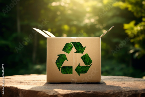 Generative Ai illustration of recycled cardboard box with recycle logo with green forest background photo
