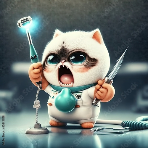 Funny dentist cat. Cute kitten in doctor costume with dentistry and hygiene tools. Generative AI. © swillklitch