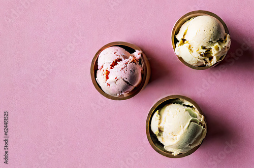 Three ice cream scoops on pastel pink background with copy space on the left