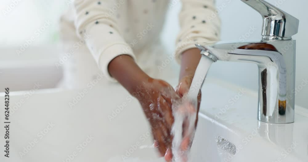 Hygiene, closeup and girl washing her hands with water and soap in the ...
