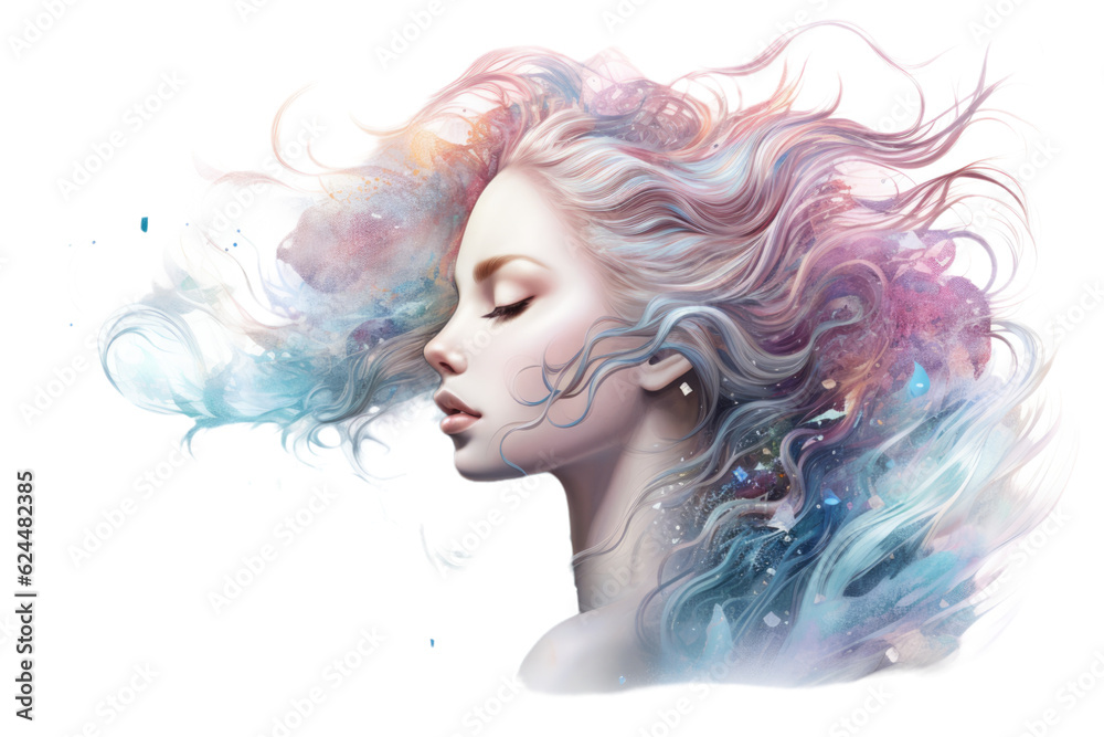 conceptual illustration of a woman with colorful swirling abstract space patterns isolated on a transparent background, generative ai