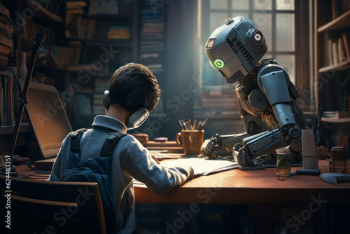 Little student doing homework. Robot assisting in leasrning. Child doing homework with help of advanced robotic assistant