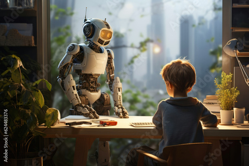 Little student doing homework. Robot assisting in leasrning. Child doing homework with help of advanced robotic assistant photo