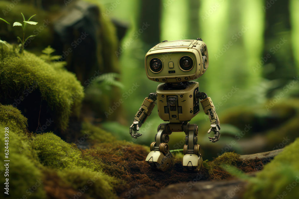 Little cute robot in the forest. AI generative. Little cute robot in the forest. AI generative.