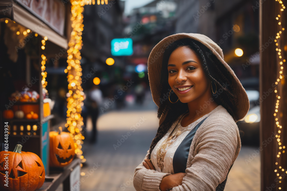 Fototapeta premium Portrait of a smiling young black woman sells souvenirs in a Halloween store. Concept of Halloween celebration. Generative AI