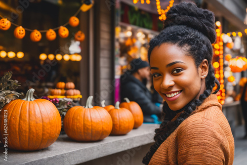 Portrait of a smiling young black woman sells souvenirs in a Halloween store. Concept of Halloween celebration. Generative AI