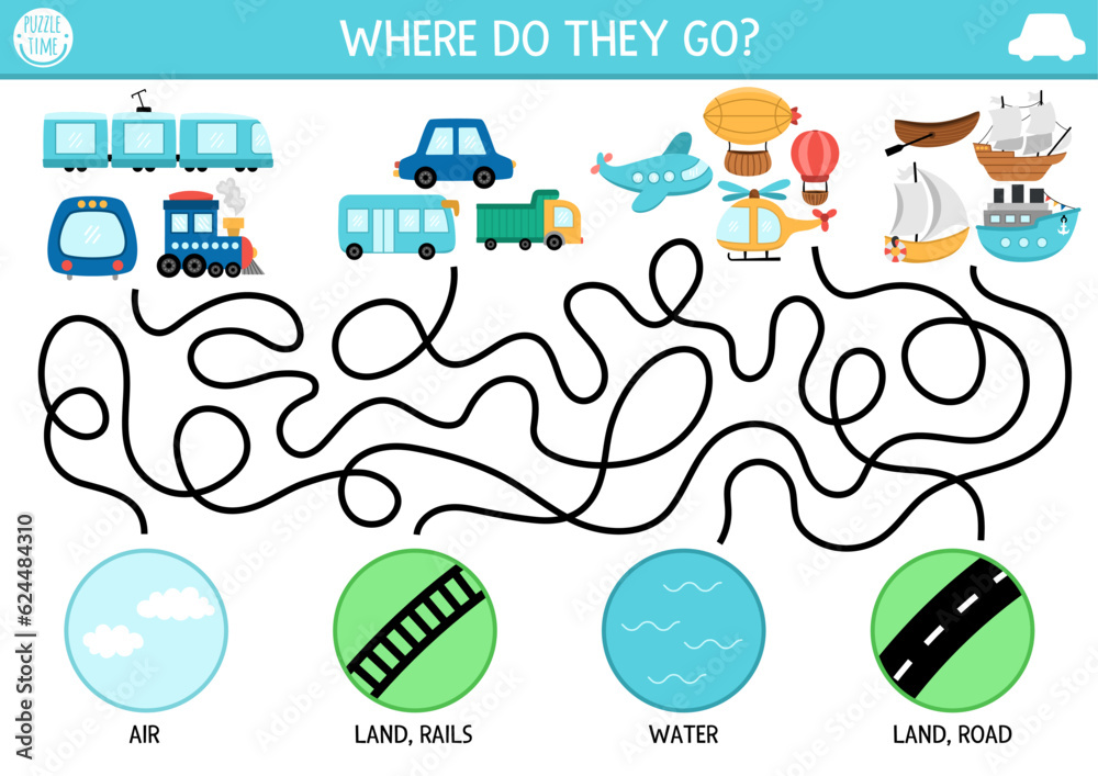 Obraz premium Transportation maze for kids with different kinds of transport, places thy go. Air, land, water transport preschool printable activity. labyrinth game or puzzle with train, cars, planes, ship.