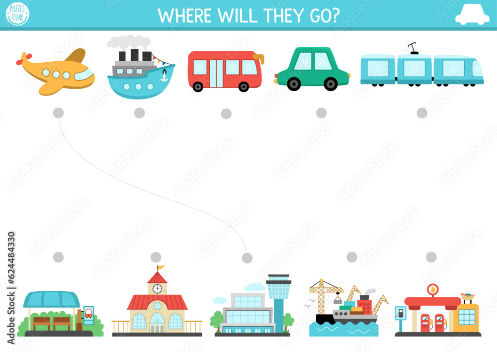 Transportation matching activity with cute plane, bus, ship, train and places they go. City transport puzzle. Match the objects game. Match up page or printable worksheet with vehicles. Transportation matching activity with cute plane, bus, ship, train and places they go. City transport puzzle. Match the objects game. Match up page or printable worksheet with vehicles.