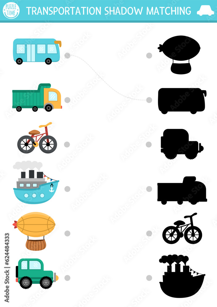 Transportation shadow matching activity. Transport puzzle with cute car, truck, ship, zeppelin, bike, bus. Find correct silhouette printable worksheet or game. Funny page for kids. Transportation shadow matching activity. Transport puzzle with cute car, truck, ship, zeppelin, bike, bus. Find correct silhouette printable worksheet or game. Funny page for kids.