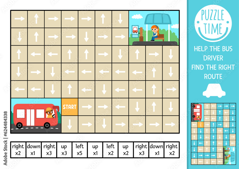 Transportation logic maze for kids with bus and waiting passenger ...