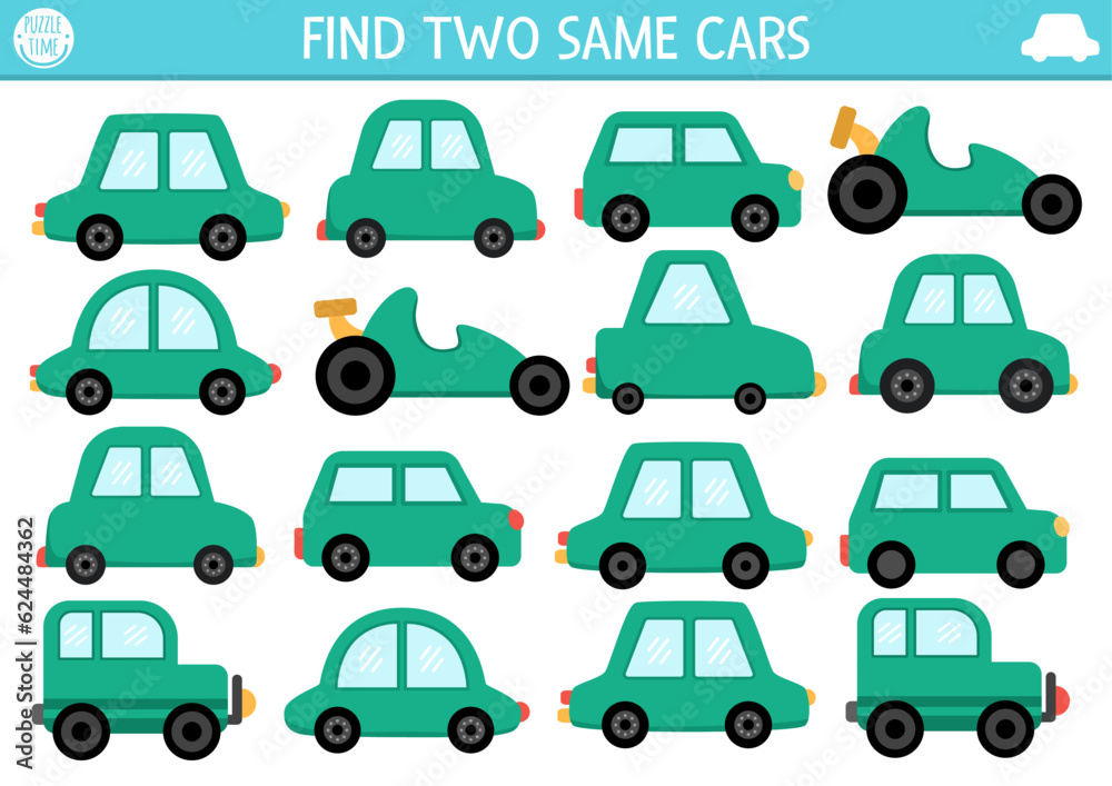 Find two same cars. Transportation matching activity for children. City transport educational quiz worksheet for kids for attention skills. Simple printable game with cute vehicles. Find two same cars. Transportation matching activity for children. City transport educational quiz worksheet for kids for attention skills. Simple printable game with cute vehicles.