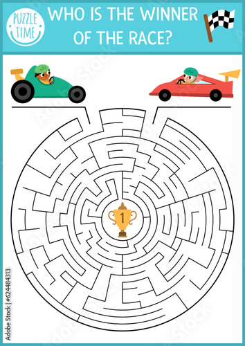 Transportation maze for kids with racing cars on track. Sport transport preschool printable activity. Round geometric labyrinth game, puzzle with speedy bolides, cart. Who is winner of race.