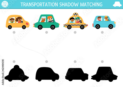 Transportation shadow matching activity. Transport puzzle with cute cars, taxi, drivers. Find correct silhouette printable worksheet or game. Funny page for kids with automobiles.