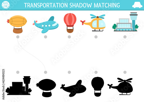 Transportation shadow matching activity. Air transport puzzle with cute zeppelin, plane, hot air balloon, helicopter, airport. Find correct silhouette printable worksheet or game. Funny page for kids.