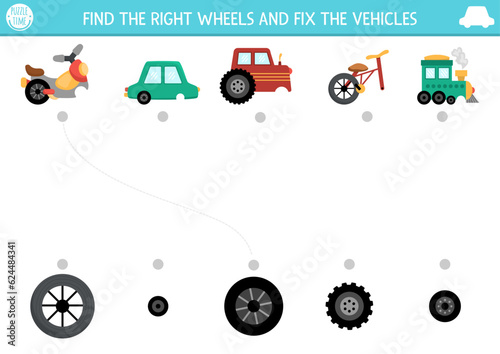 Transportation matching activity with cute transport and missing parts. Match the objects game or puzzle with car, bike. Match up page, printable worksheet with vehicle. Find the wheel
