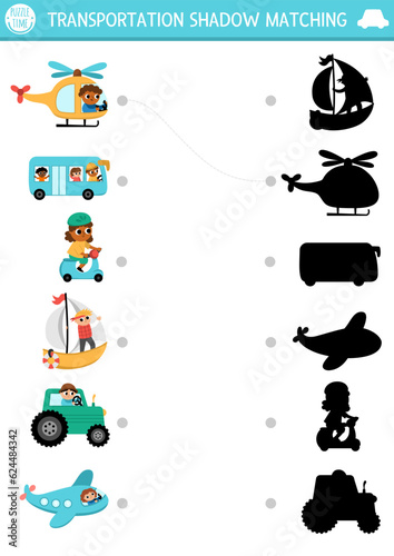 Transportation shadow matching activity. Transport puzzle with cute helicopter, bus, scooter, boat, plane, drivers. Find correct silhouette printable worksheet or game. Funny page for kids.