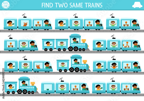 Find two same trains. Transportation matching activity for children. Railway transport educational quiz worksheet for kids for attention skills. Simple printable game with cute engines.