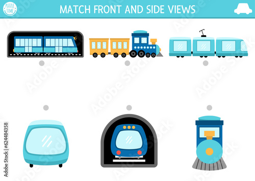 Transportation matching activity with cute side and front view of train, metro, engine. Railway transport puzzle. Match the objects game. Match up page, printable worksheet with vehicle.