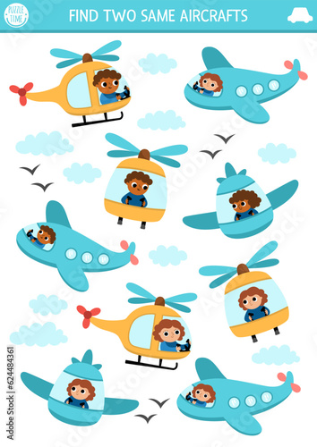 Find two same aircrafts. Transportation matching activity for children. Air transport educational quiz worksheet for kids for attention skills. Simple printable game with cute plane, helicopter.