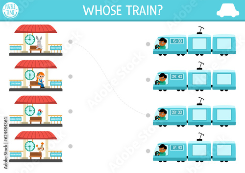 Transportation matching activity with cute train, passengers, station and time concept. City transport puzzle. Match the objects game. Match up page or printable worksheet with vehicles.