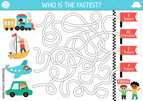Transportation maze for kids with car, train, boat, plane and time concept. Transport competition preschool printable activity. Labyrinth game or puzzle. Who is the fastest.