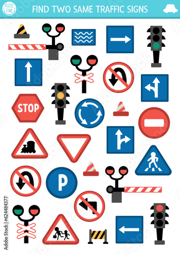 Find two same road signs. Transportation matching activity for children. City traffic educational quiz worksheet for kids for attention skills. Simple printable game road rule plates.