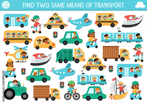 Find two same vehicles. Transportation matching activity for children. City transport educational quiz worksheet for kids for attention skills. Simple printable game with cute car, truck, boat, plane.