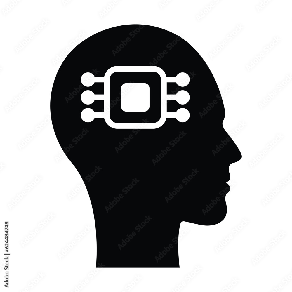 AI, Artificial intelligence icon of human face with a digital chip on brain for computer and techology silhouette illustration AI, Artificial intelligence icon of human face with a digital chip on brain for computer and techology silhouette illustration
