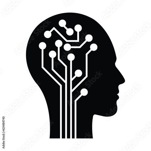 AI, Artificial intelligence icon of human face with a digital chip on brain for computer and techology silhouette illustration