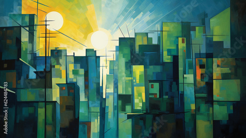 Abstract painting of a sustainable cityscape, using geometric shapes and green and blue color palette, bright sun powered by solar panels, acrylic brushwork, expressionist style, wide angle view, dayl photo
