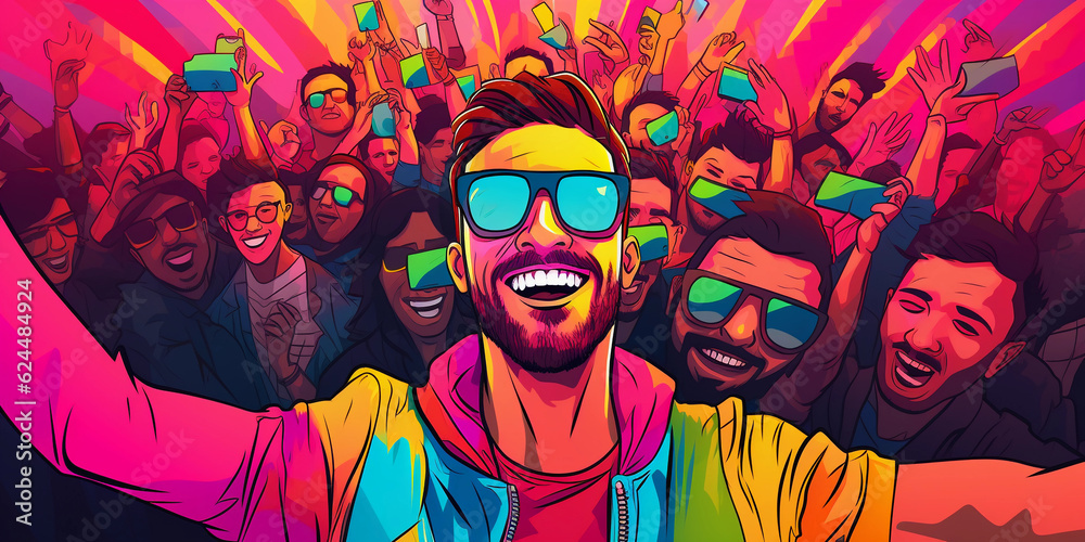 Influencer selfie, vibrant pop art style, heavy contrast, bold outlines, influencer in the foreground with a crowd of followers in the background, colorful Influencer selfie, vibrant pop art style, heavy contrast, bold outlines, influencer in the foreground with a crowd of followers in the background, colorful