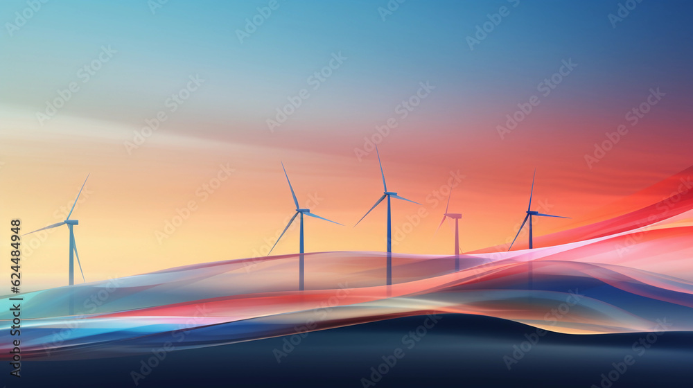 Minimalist photo - realistic illustration of a wind farm, vibrant colors, windswept plains, turbines spinning in the wind, sunset background, energy flow visualized as light trails