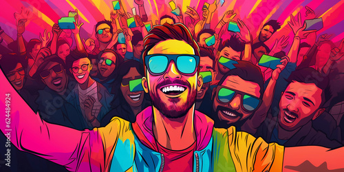 Influencer selfie, vibrant pop art style, heavy contrast, bold outlines, influencer in the foreground with a crowd of followers in the background, colorful
