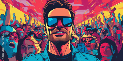 Influencer selfie  vibrant pop art style  heavy contrast  bold outlines  influencer in the foreground with a crowd of followers in the background  colorful