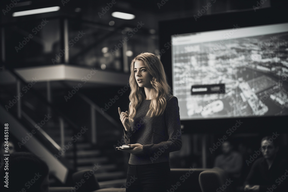 Young female entrepreneur delivering a passionate pitch, office backdrop, focused audience, inspirational atmosphere Young female entrepreneur delivering a passionate pitch, office backdrop, focused audience, inspirational atmosphere