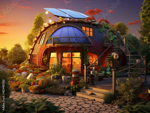 Surrealistic view of an eco - friendly home, with solar panels, vegetable garden, and compost bin, embedded in a large leaf, vibrant color palette, dreamy ambiance, acrylic paint style, golden hour li