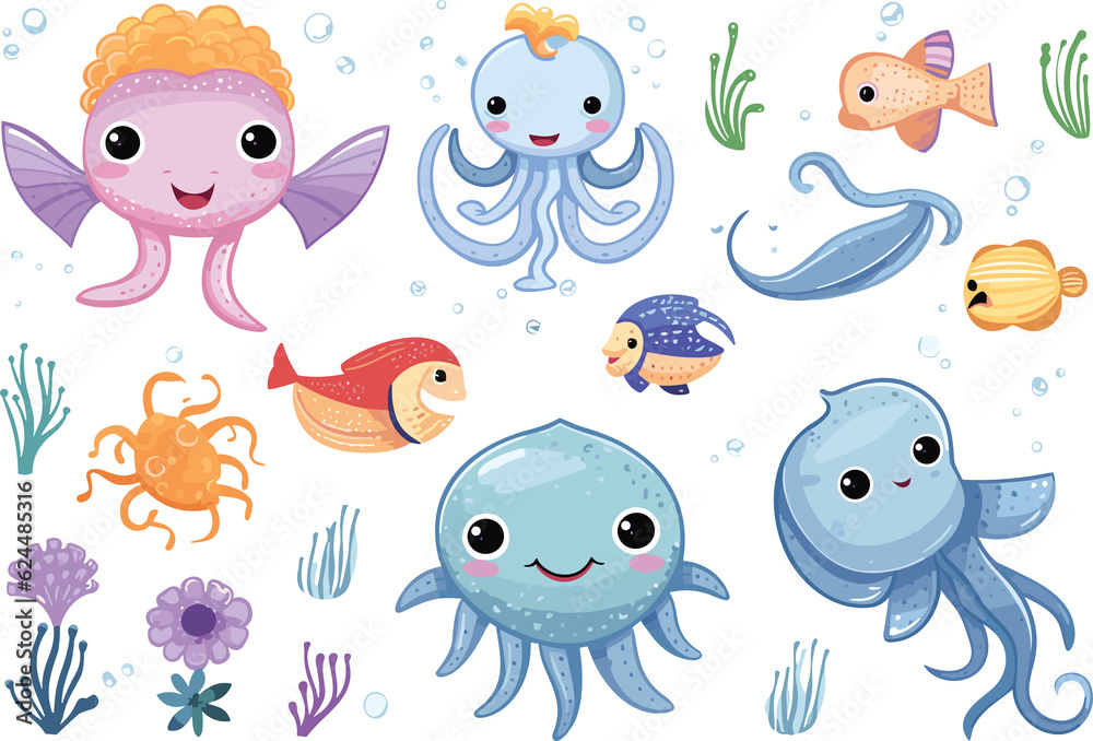 Fototapeta premium flat vector illustration,Underwater world, ocean, sea.Cute cartoon charactor.GenerativeAI.