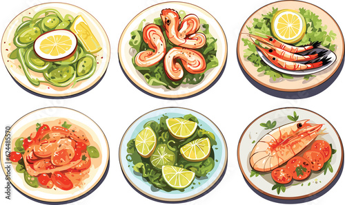 Seafood meals set in cartoon style. Squid  shrimp  calamari  fish  mussels with lemon  green salad and tomatoes on plate. Isolated vector illustration.GenerativeAI.