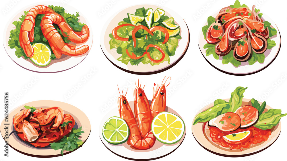 Seafood meals set in cartoon style. Squid, shrimp, calamari, fish, mussels with lemon, green salad and tomatoes on plate. Isolated vector illustration.GenerativeAI. Seafood meals set in cartoon style. Squid, shrimp, calamari, fish, mussels with lemon, green salad and tomatoes on plate. Isolated vector illustration.GenerativeAI.