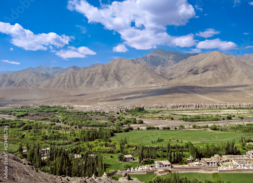 Beautiful view of mountains, Shyok river and houses in Hunder village near Diskit, Ladakh, India photo